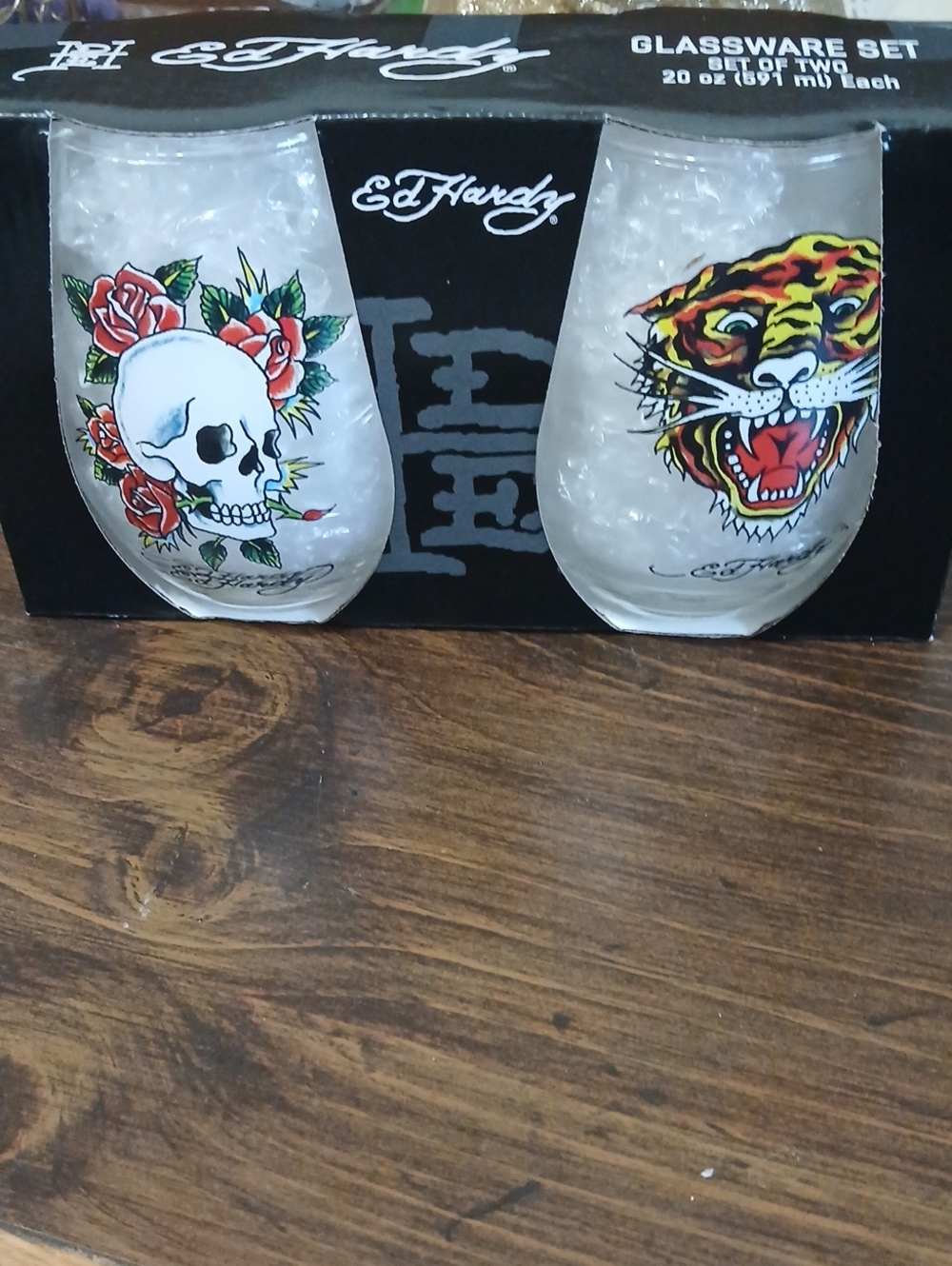 Ed Hardy White Glass Tumblers with Skull, Roses & Tiger Artwork